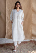 Off White Cotton Linen Floral Kurta Pant Set for Women | Minimal Co-ord