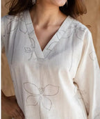 Off White Cotton Linen Floral Kurta Pant Set for Women | Minimal Co-ord