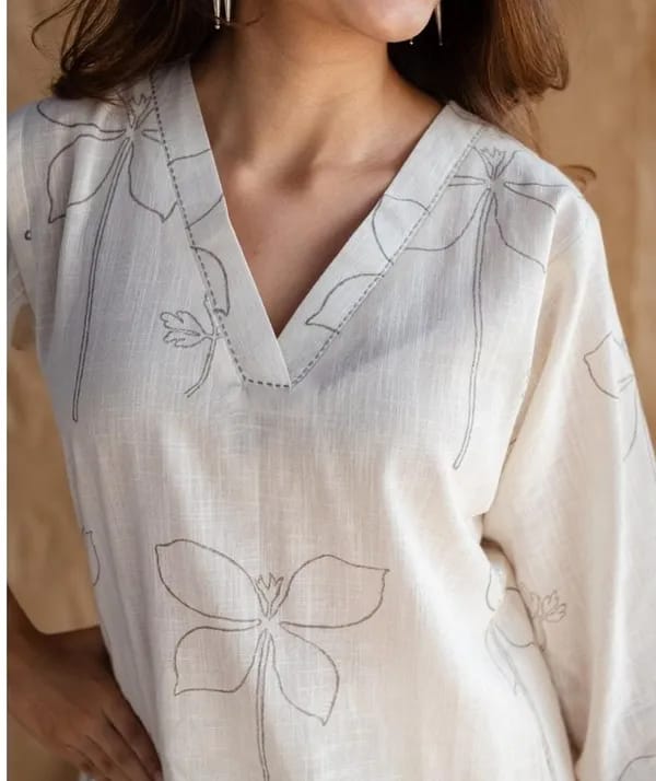 Off White Cotton Linen Floral Kurta Pant Set for Women | Minimal Co-ord