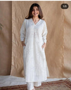 Off White Cotton Linen Floral Kurta Pant Set for Women | Minimal Co-ord