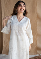 Off White Cotton Linen Floral Kurta Pant Set for Women | Minimal Co-ord
