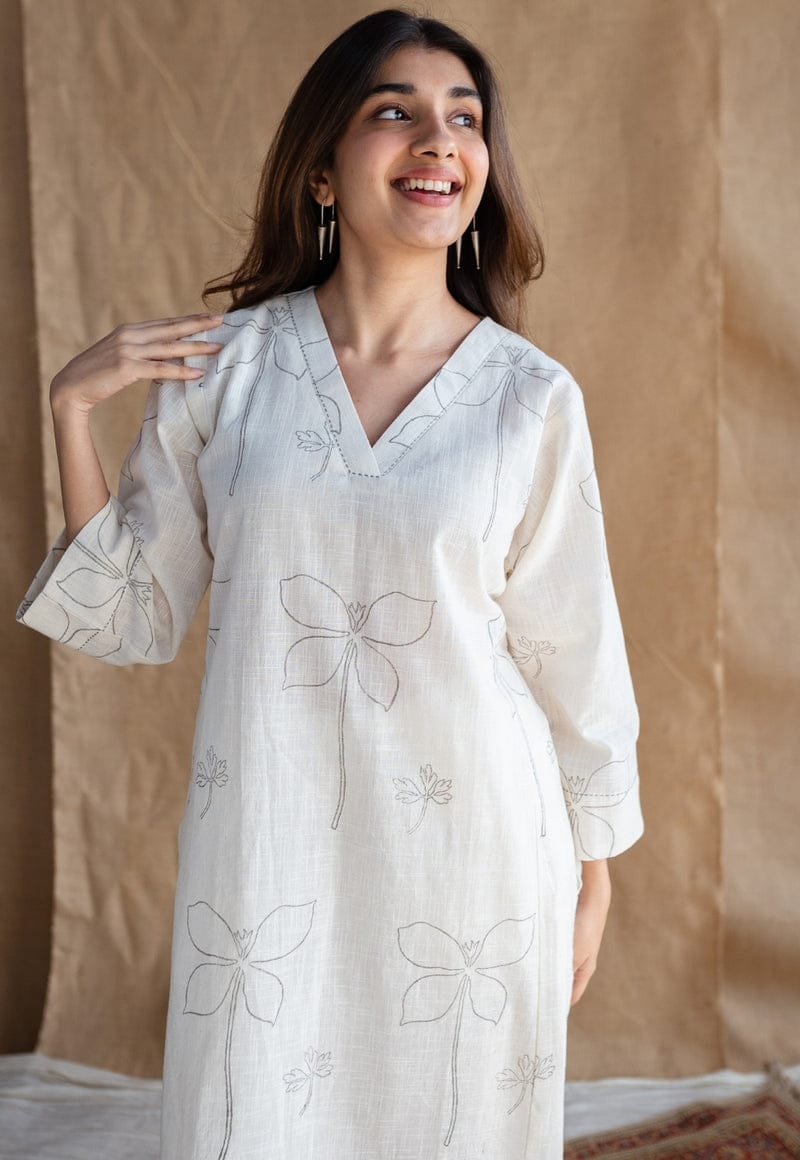 Off White Cotton Linen Floral Kurta Pant Set for Women | Minimal Co-ord