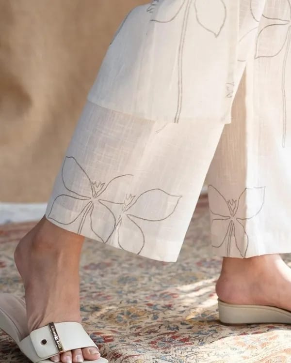 Off White Cotton Linen Floral Kurta Pant Set for Women | Minimal Co-ord
