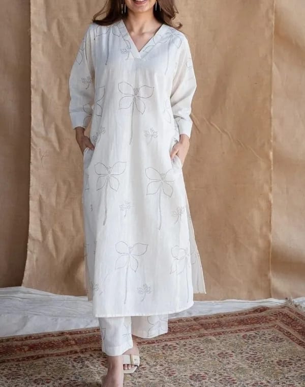 Off White Cotton Linen Floral Kurta Pant Set for Women | Minimal Co-ord