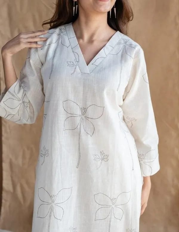 Off White Cotton Linen Floral Kurta Pant Set for Women | Minimal Co-ord