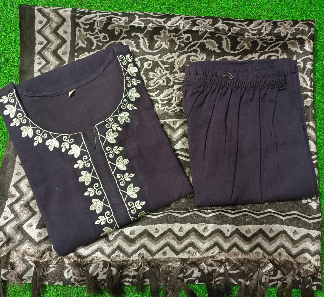 Brown Cotton Embroidered Kurti Pant Set with Printed Dupatta for Women | 3 Piece Ethnic Suit