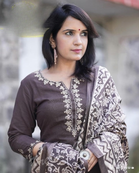 Brown Cotton Embroidered Kurti Pant Set with Printed Dupatta for Women | 3 Piece Ethnic Suit