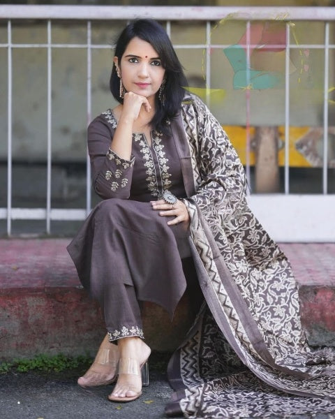 Brown Cotton Embroidered Kurti Pant Set with Printed Dupatta for Women | 3 Piece Ethnic Suit