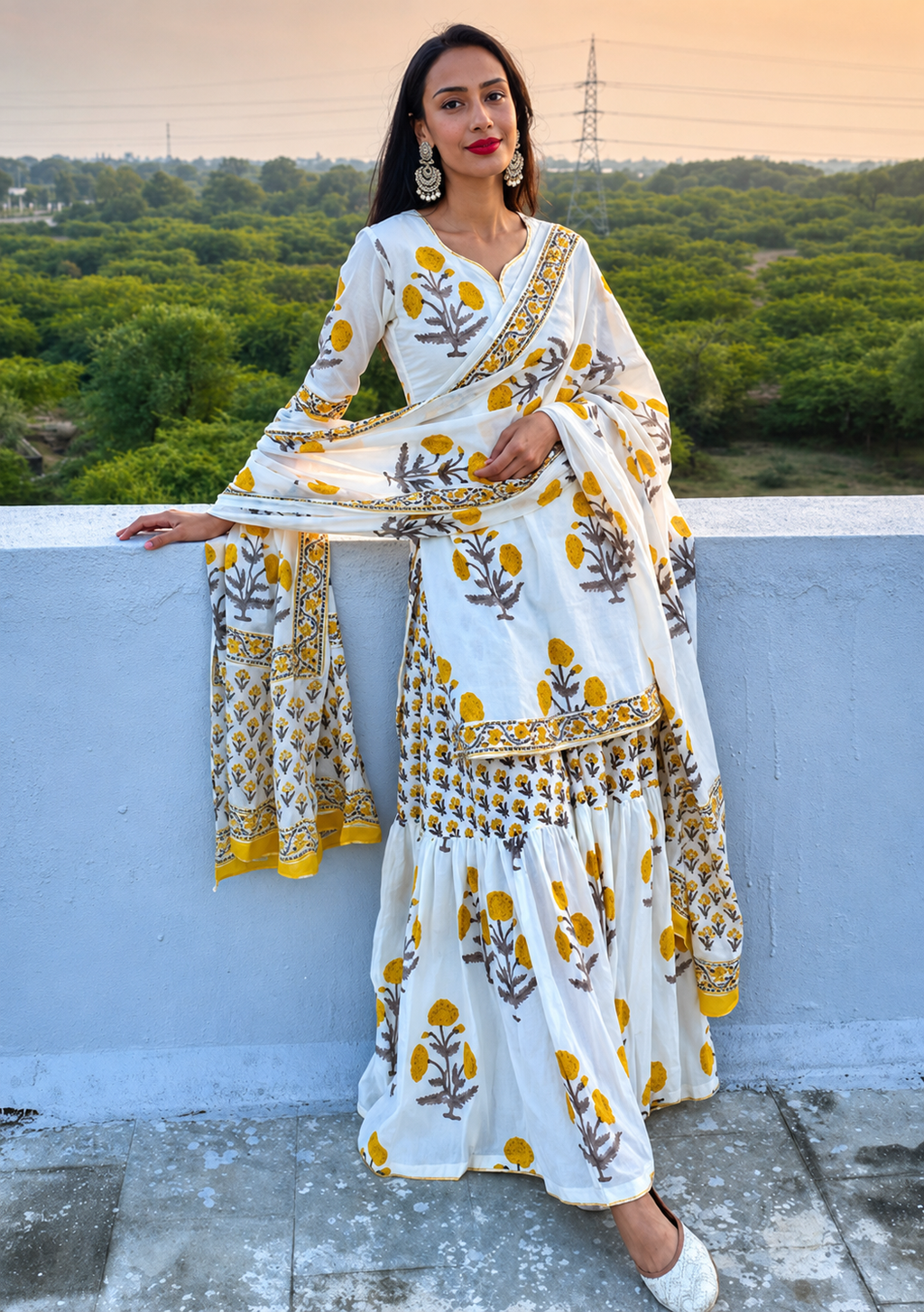 Vibrant Sunflower Yellow Hand-Block Print Cotton Sharara Set