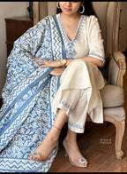 Off White Cotton Flex Embroidered Kurta Set with Blue Dupatta for Women