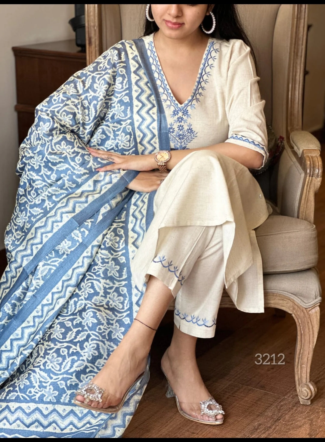 Off White Cotton Flex Embroidered Kurta Set with Blue Dupatta for Women