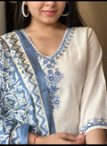 Off White Cotton Flex Embroidered Kurta Set with Blue Dupatta for Women