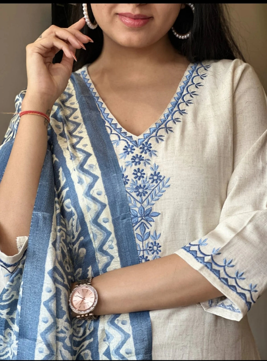Off White Cotton Flex Embroidered Kurta Set with Blue Dupatta for Women
