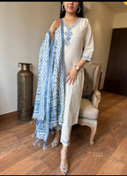 Off White Cotton Flex Embroidered Kurta Set with Blue Dupatta for Women