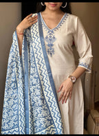 Off White Cotton Flex Embroidered Kurta Set with Blue Dupatta for Women