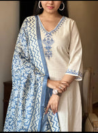 Off White Cotton Flex Embroidered Kurta Set with Blue Dupatta for Women