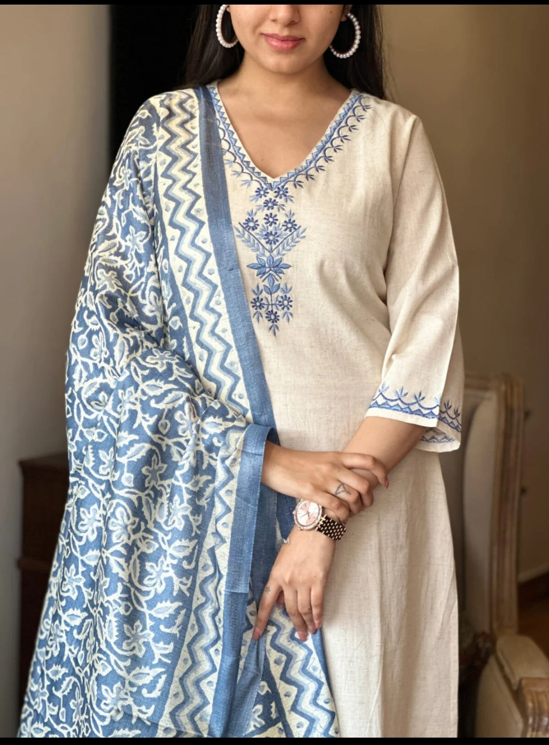 Off White Cotton Flex Embroidered Kurta Set with Blue Dupatta for Women