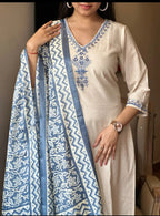 Off White Cotton Flex Embroidered Kurta Set with Blue Dupatta for Women