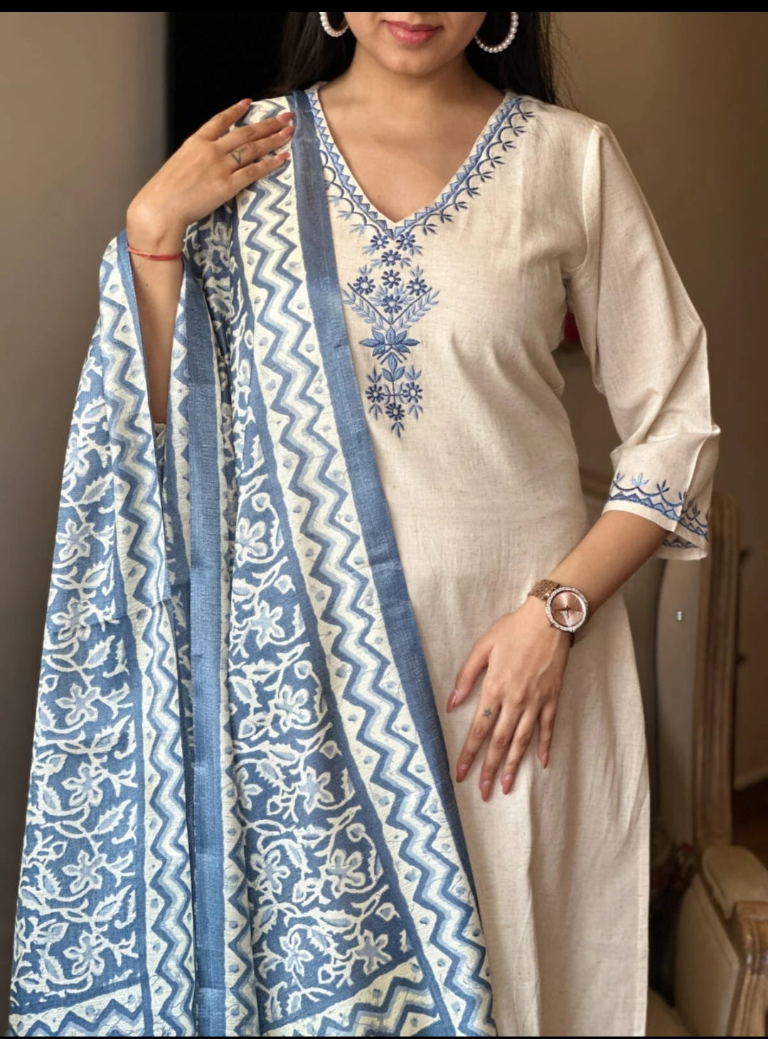 Off White Cotton Flex Embroidered Kurta Set with Blue Dupatta for Women