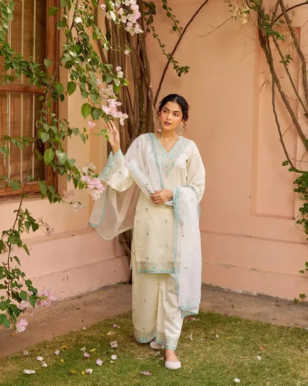 HEAVY PURE CHANDERI SUIT SET SKY BLUE
