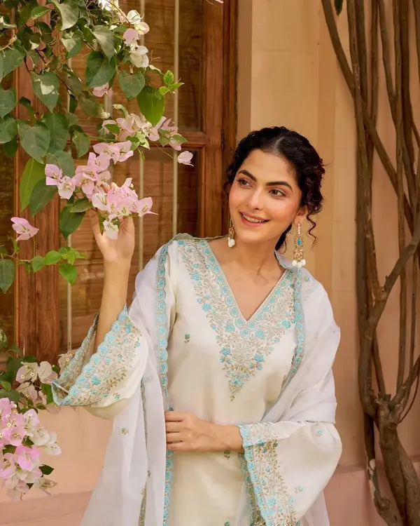 HEAVY PURE CHANDERI SUIT SET SKY BLUE