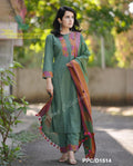 Sage Green Cotton Embroidered Kurta Pant Dupatta Set for Women