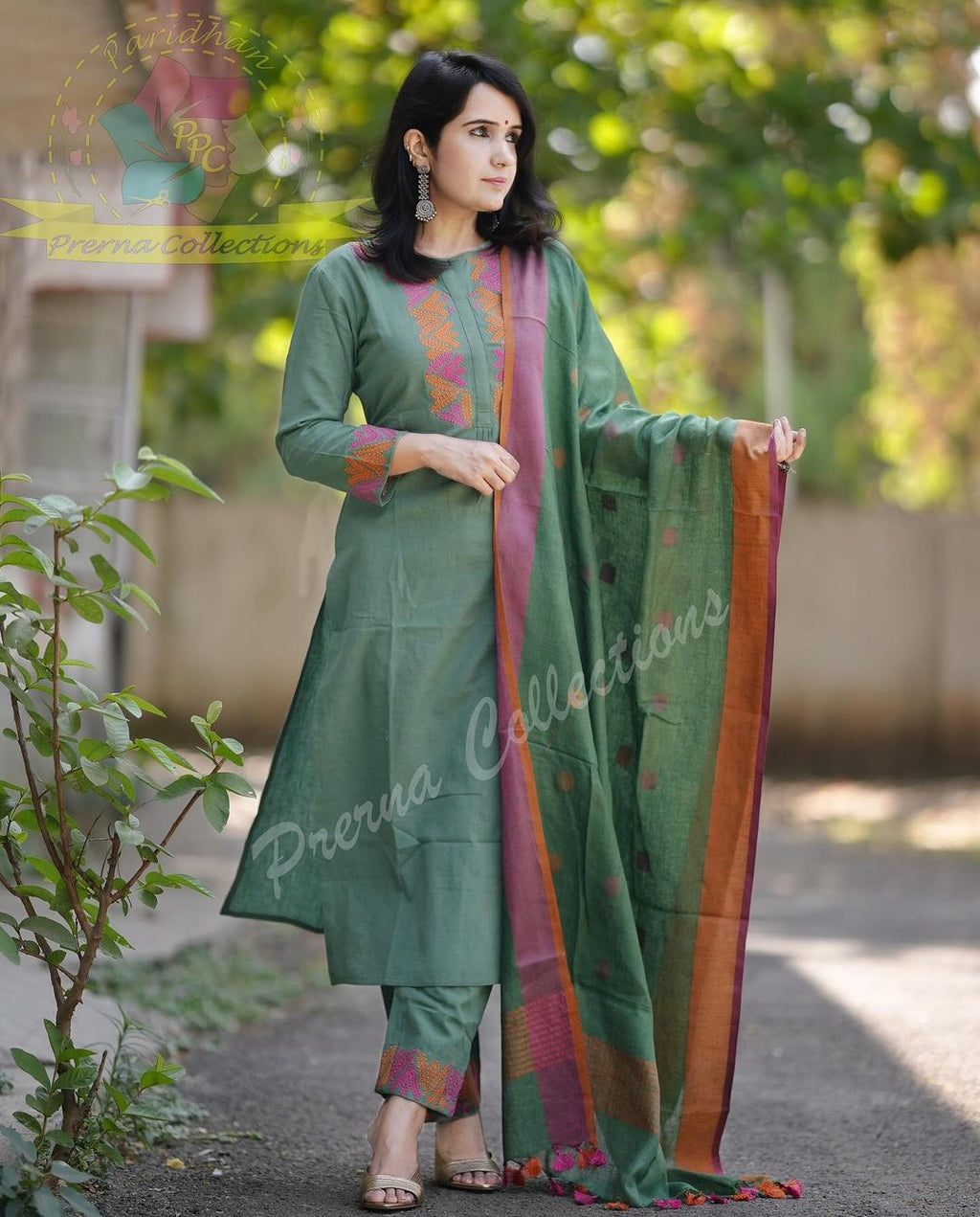 Sage Green Cotton Embroidered Kurta Pant Dupatta Set for Women