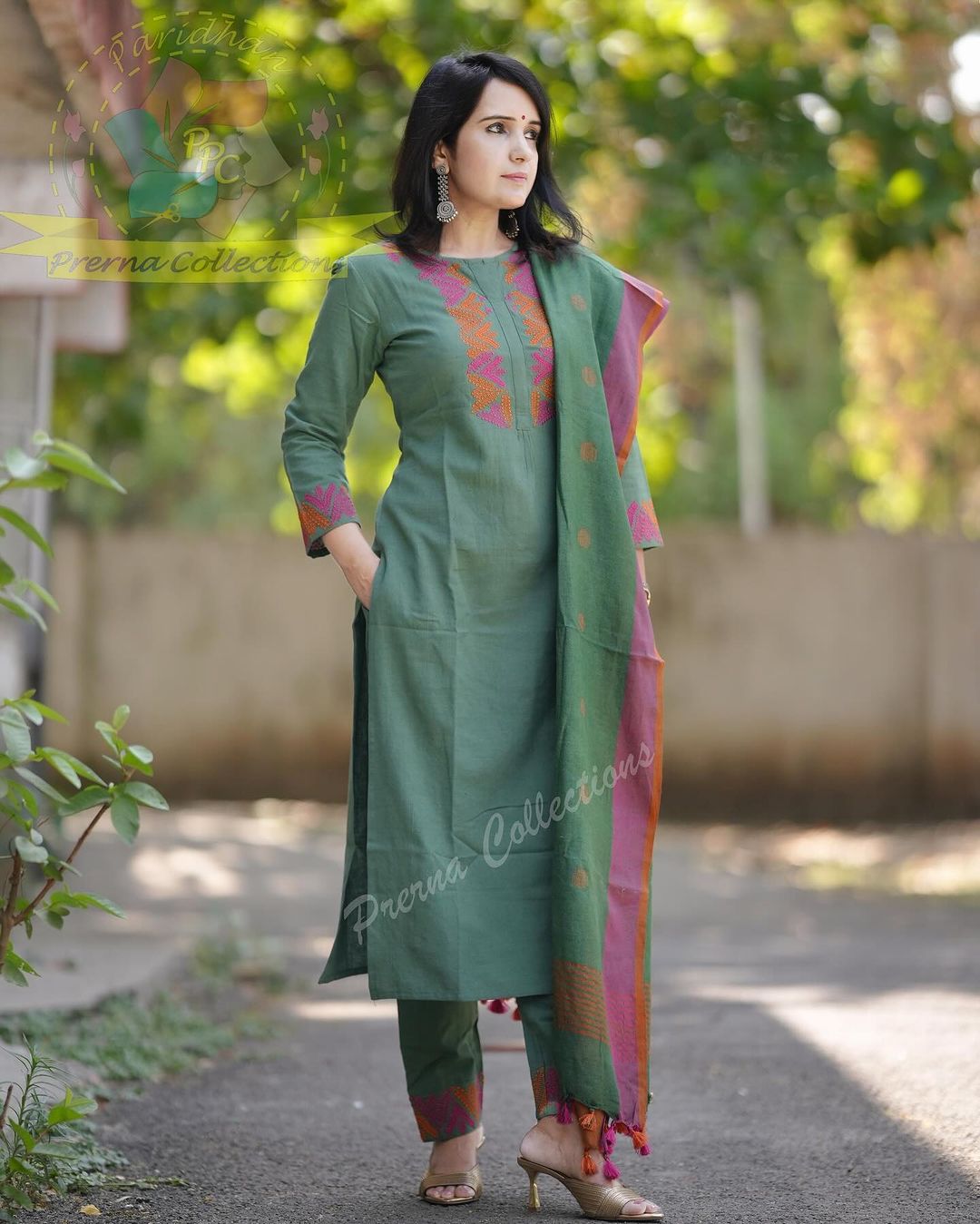 Sage Green Cotton Embroidered Kurta Pant Dupatta Set for Women