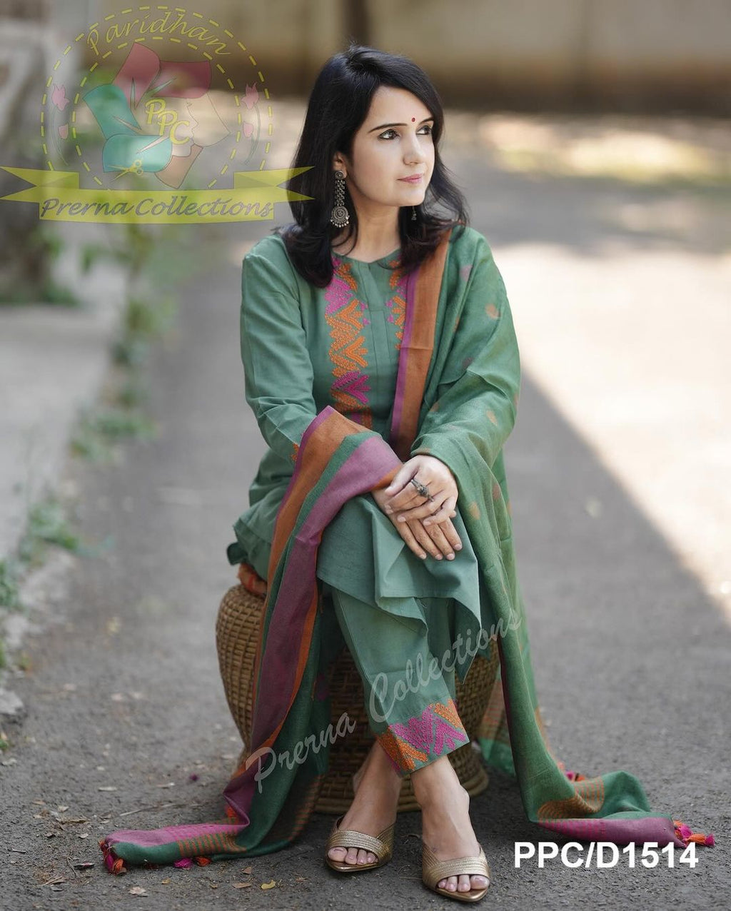 Sage Green Cotton Embroidered Kurta Pant Dupatta Set for Women