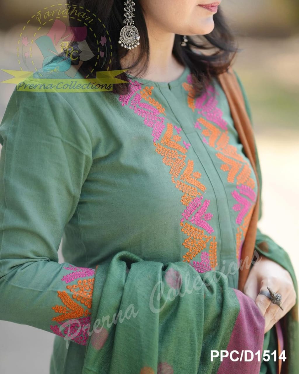 Sage Green Cotton Embroidered Kurta Pant Dupatta Set for Women