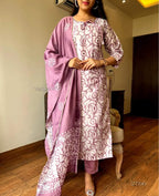 Purple Printed Rayon Kurta Pant Dupatta Set for Women