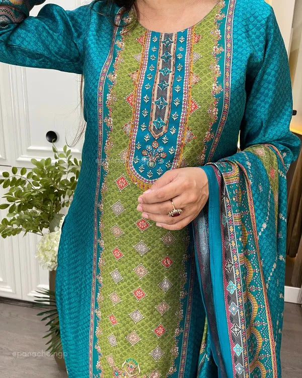 Teal Blue & Olive Green Silk Blend Suit Set with Dupatta