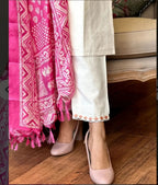 Cream Khadi Cotton Embroidered Kurta Set with Pink Dupatta for Women