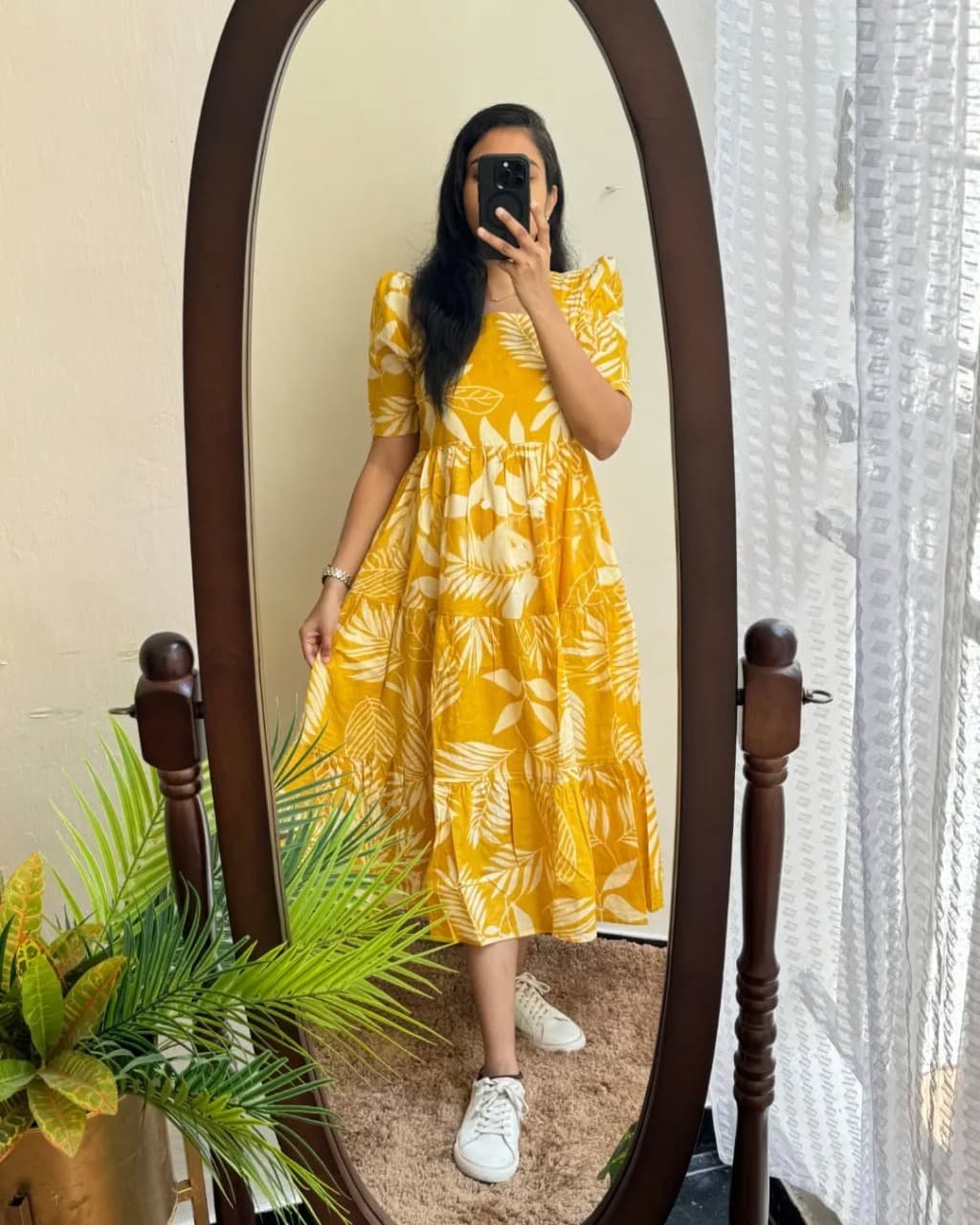 New Trending Print Cotton Yellow Midi Dress for Women | Puff Sleeve Stylish Casual Midi | Sizes 38 to 44