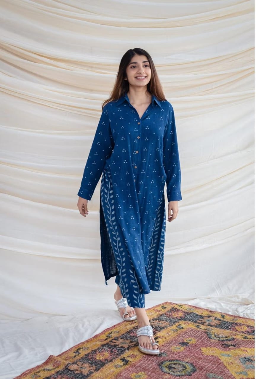 Blue Cotton Shirt Style Kurta Palazzo Co-Ord Set for Women