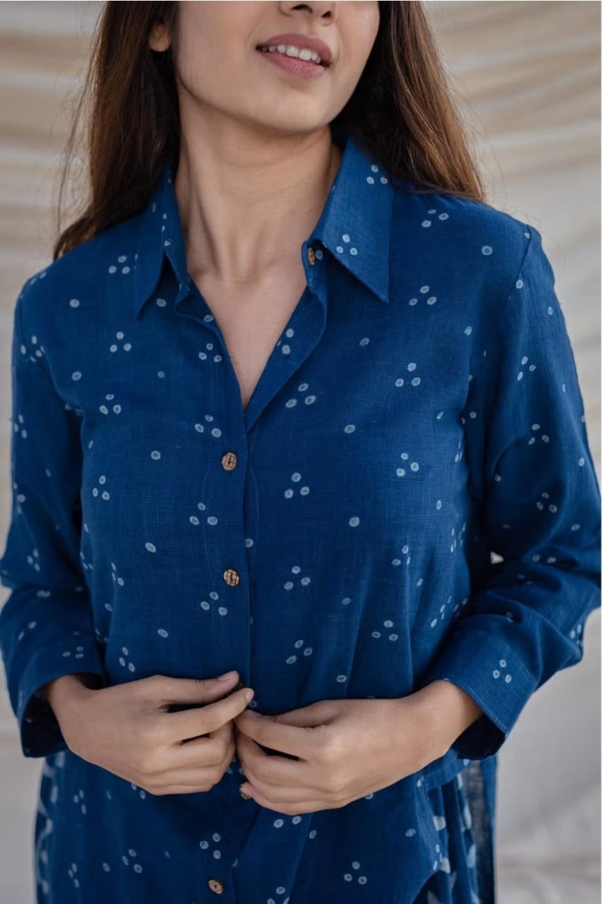 Blue Cotton Shirt Style Kurta Palazzo Co-Ord Set for Women