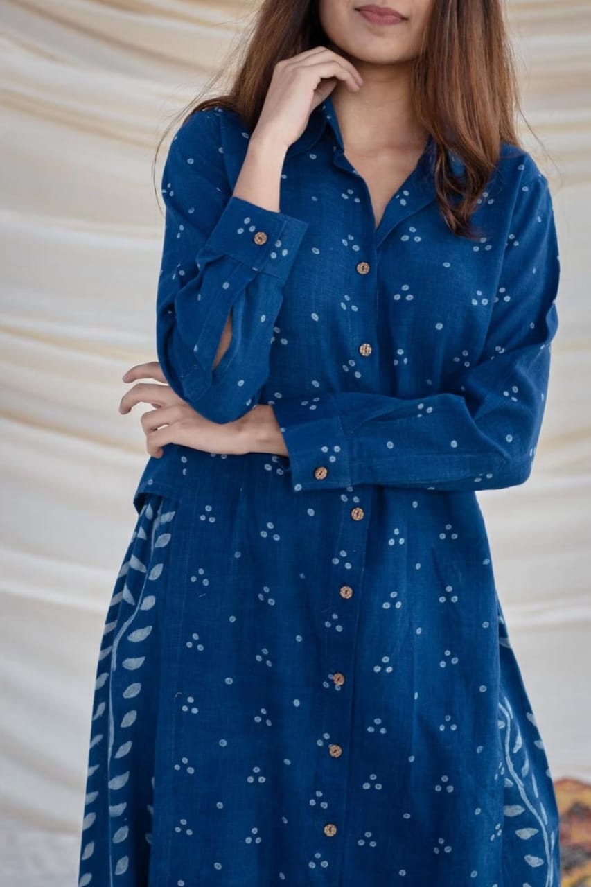 Blue Cotton Shirt Style Kurta Palazzo Co-Ord Set for Women
