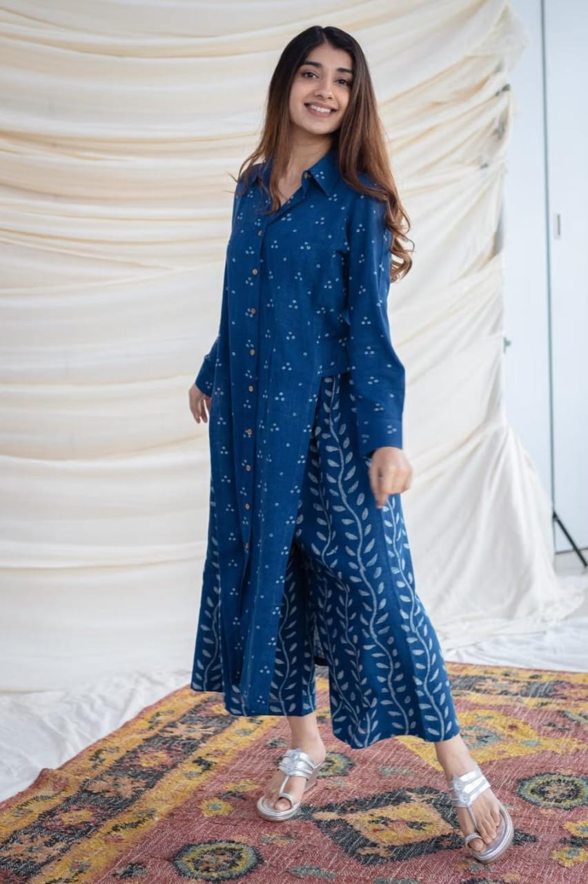 Blue Cotton Shirt Style Kurta Palazzo Co-Ord Set for Women
