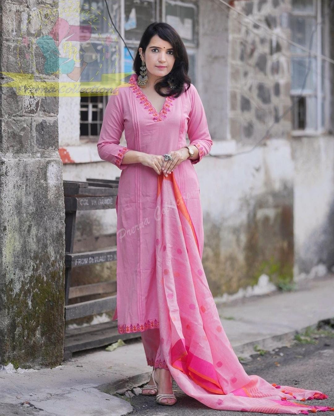 Pink Cotton Embroidered Kurta Pant Dupatta Set for Women