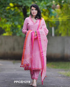 Pink Cotton Embroidered Kurta Pant Dupatta Set for Women