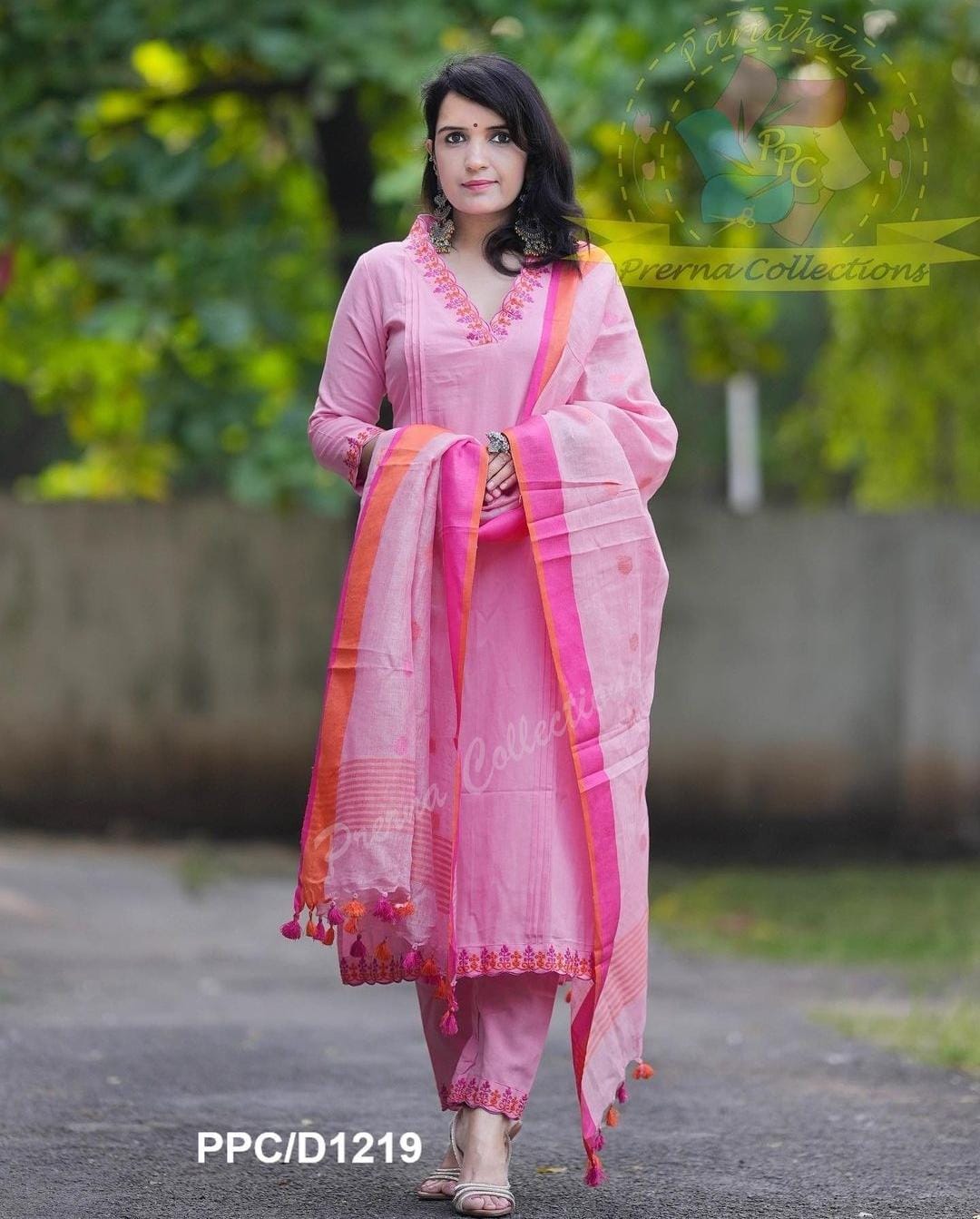 Pink Cotton Embroidered Kurta Pant Dupatta Set for Women