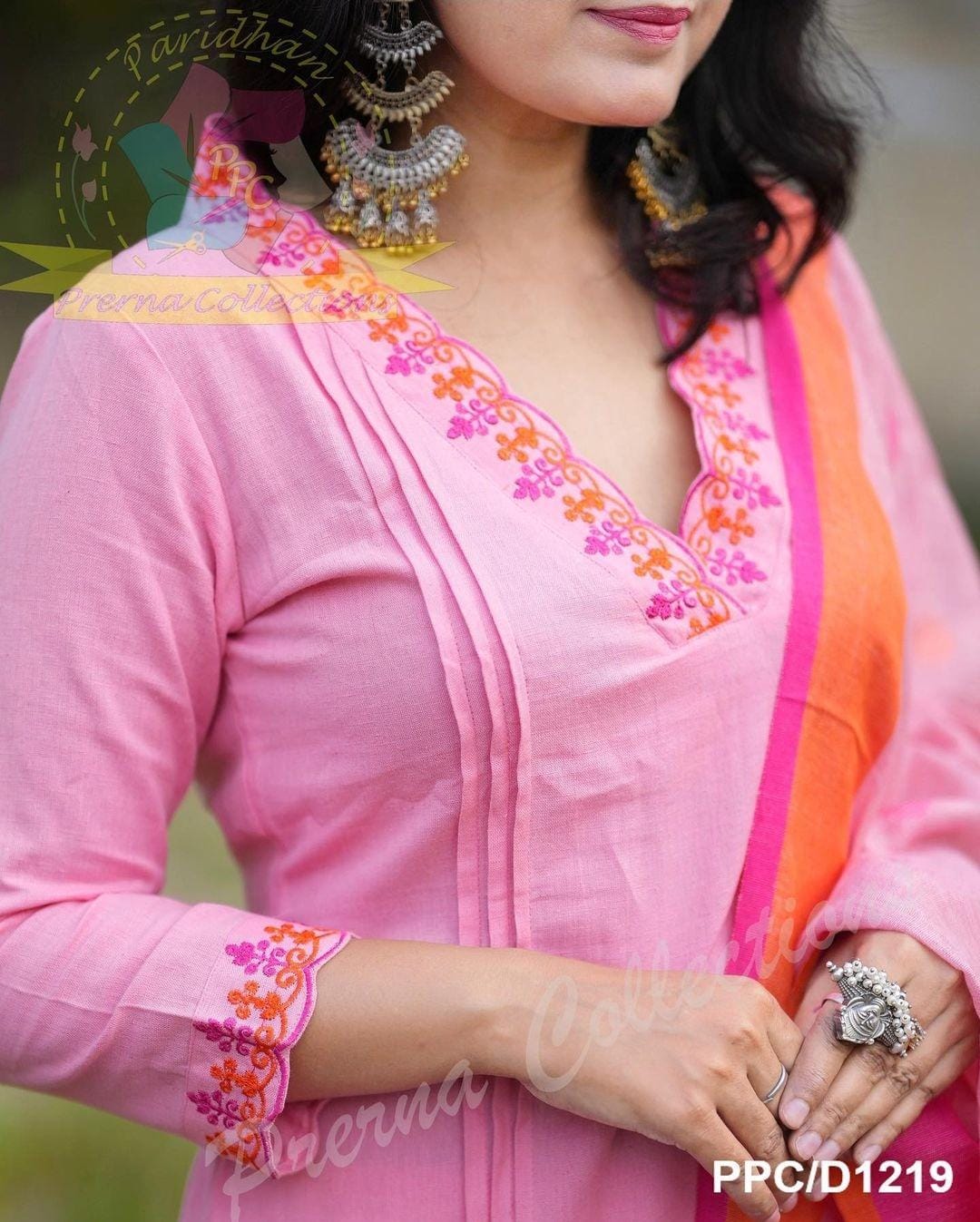 Pink Cotton Embroidered Kurta Pant Dupatta Set for Women