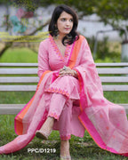Pink Cotton Embroidered Kurta Pant Dupatta Set for Women