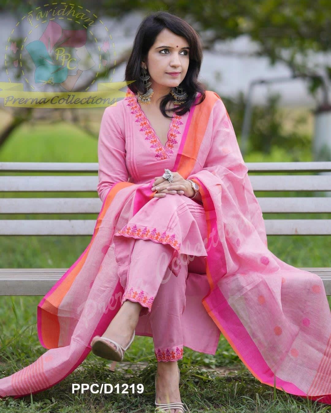 Pink Cotton Embroidered Kurta Pant Dupatta Set for Women
