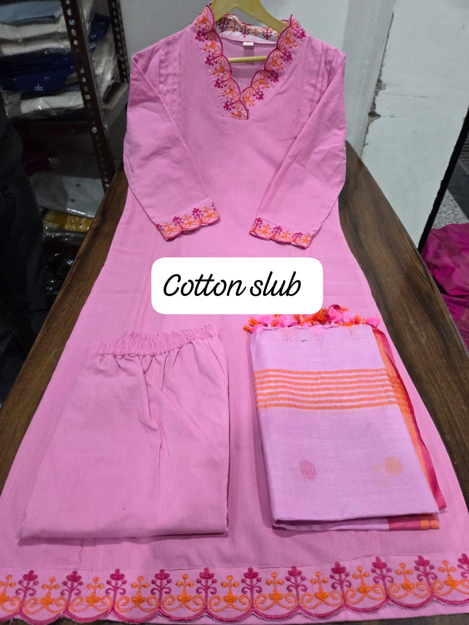 Pink Cotton Embroidered Kurta Pant Dupatta Set for Women