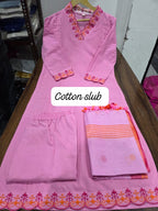 Pink Cotton Embroidered Kurta Pant Dupatta Set for Women