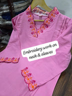 Pink Cotton Embroidered Kurta Pant Dupatta Set for Women