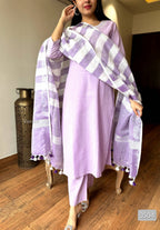 Lavender Handloom Cotton Kurta Pant Set with Pure Linen Dupatta