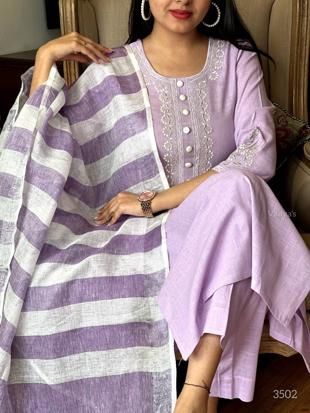 Lavender Handloom Cotton Kurta Pant Set with Pure Linen Dupatta