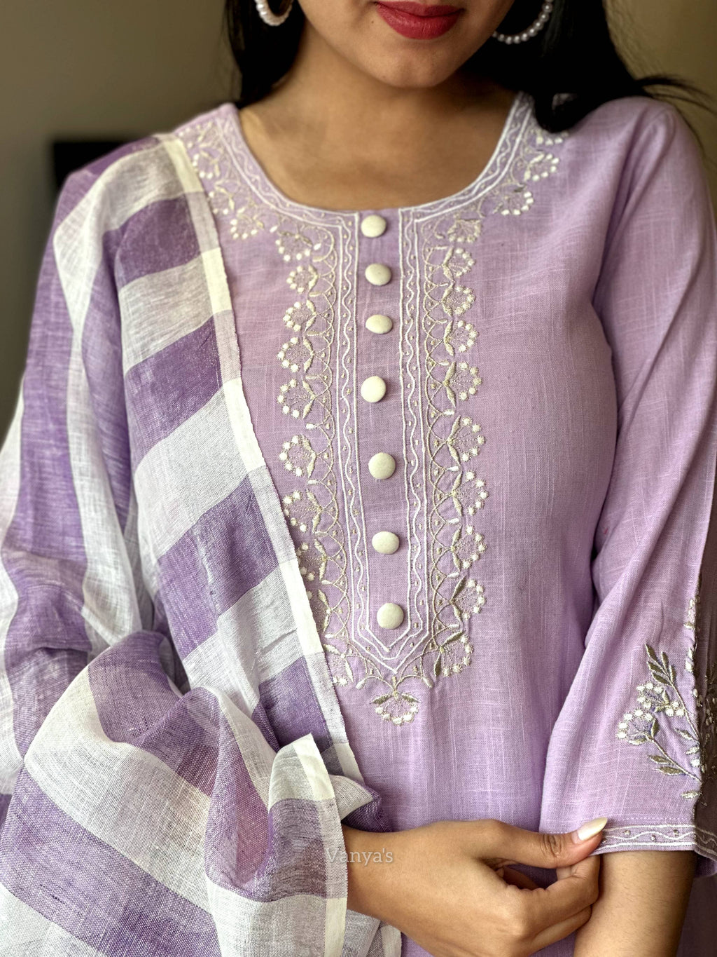 Lavender Handloom Cotton Kurta Pant Set with Pure Linen Dupatta